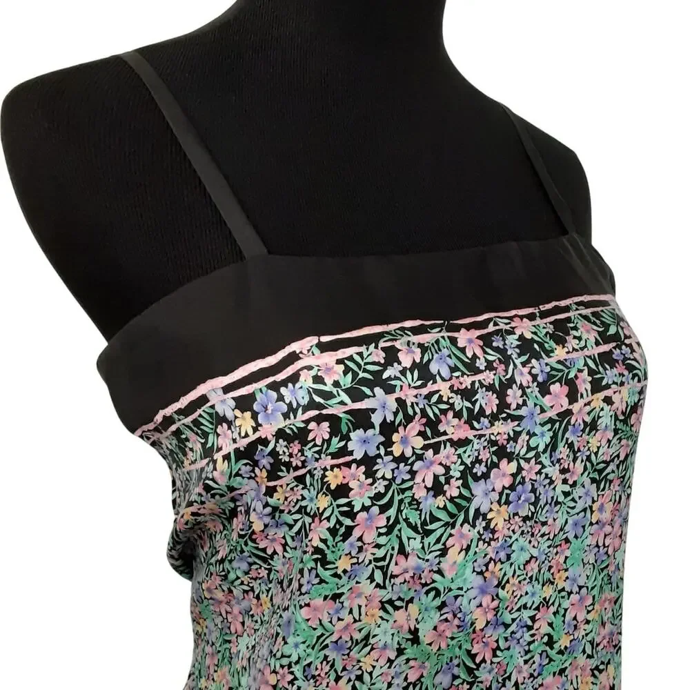 Vintage 80s Silk Slip Dress Ditsy Floral Shift Mini Dress Coquette Womens L